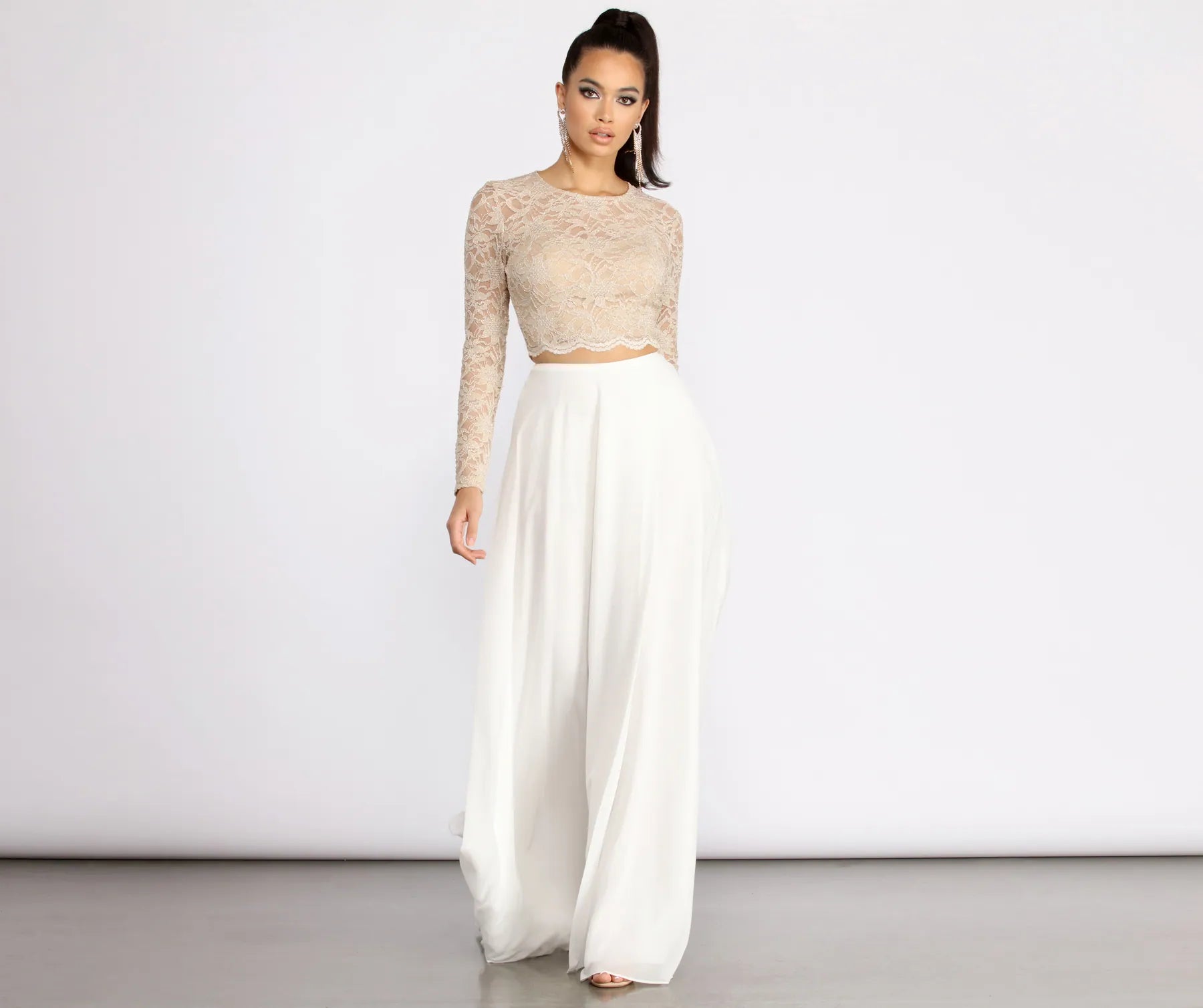 Weekend Shopping Made Better Baylee Scallop Glitter Lace Two Piece Chiffon Dress