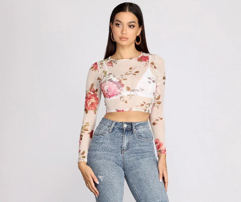 Weekend Deal Sweet Floral Mesh Crop Top