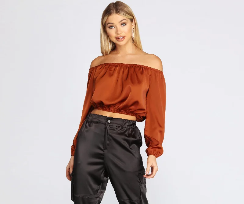 Weekend Specials to Relish She's A Romantic Satin Off-Shoulder Blouse