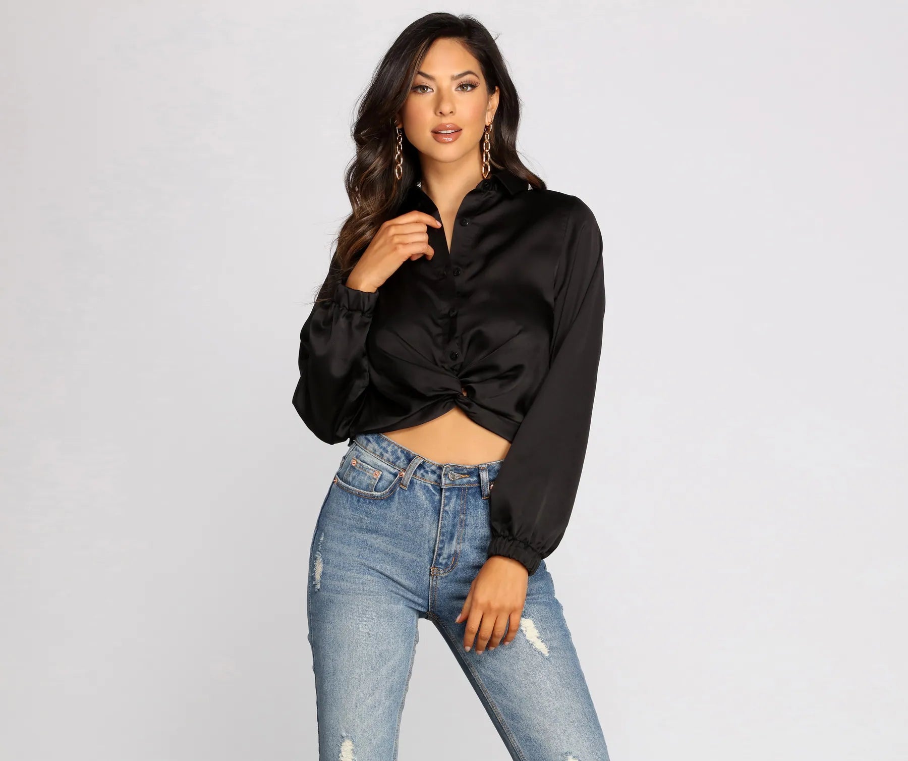 Weekend Bargains to Indulge In Satin Twist Front Collared Crop Top