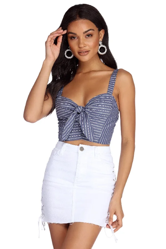 Weekend Savings Bonanza Tied In Pinstripes Crop Top