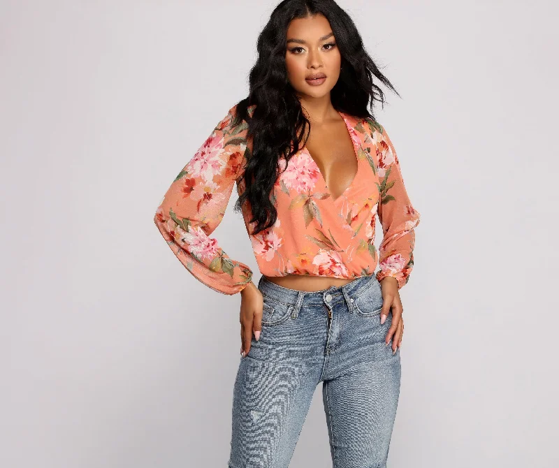 Weekend Discounts to Delight Floral Rush Surplice Mesh Top