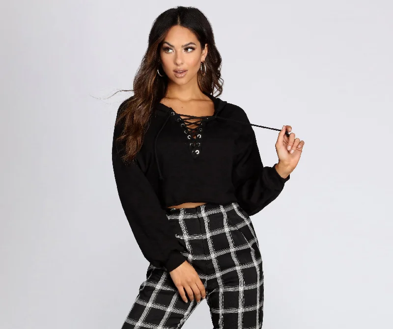 Price Drop Cozy Lace Up Cropped Hoodie