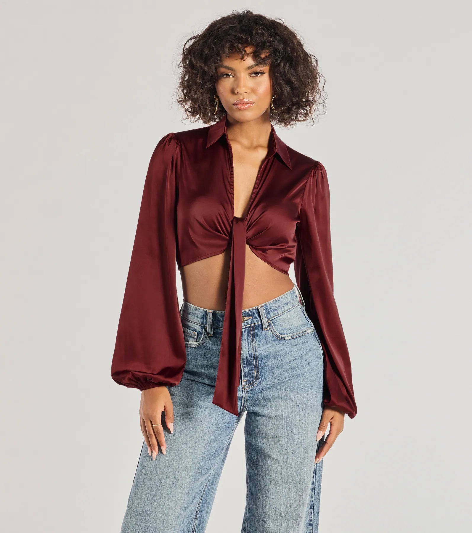Weekend Discounts You Deserve Sleek Mood Satin Tie-Front Crop Top