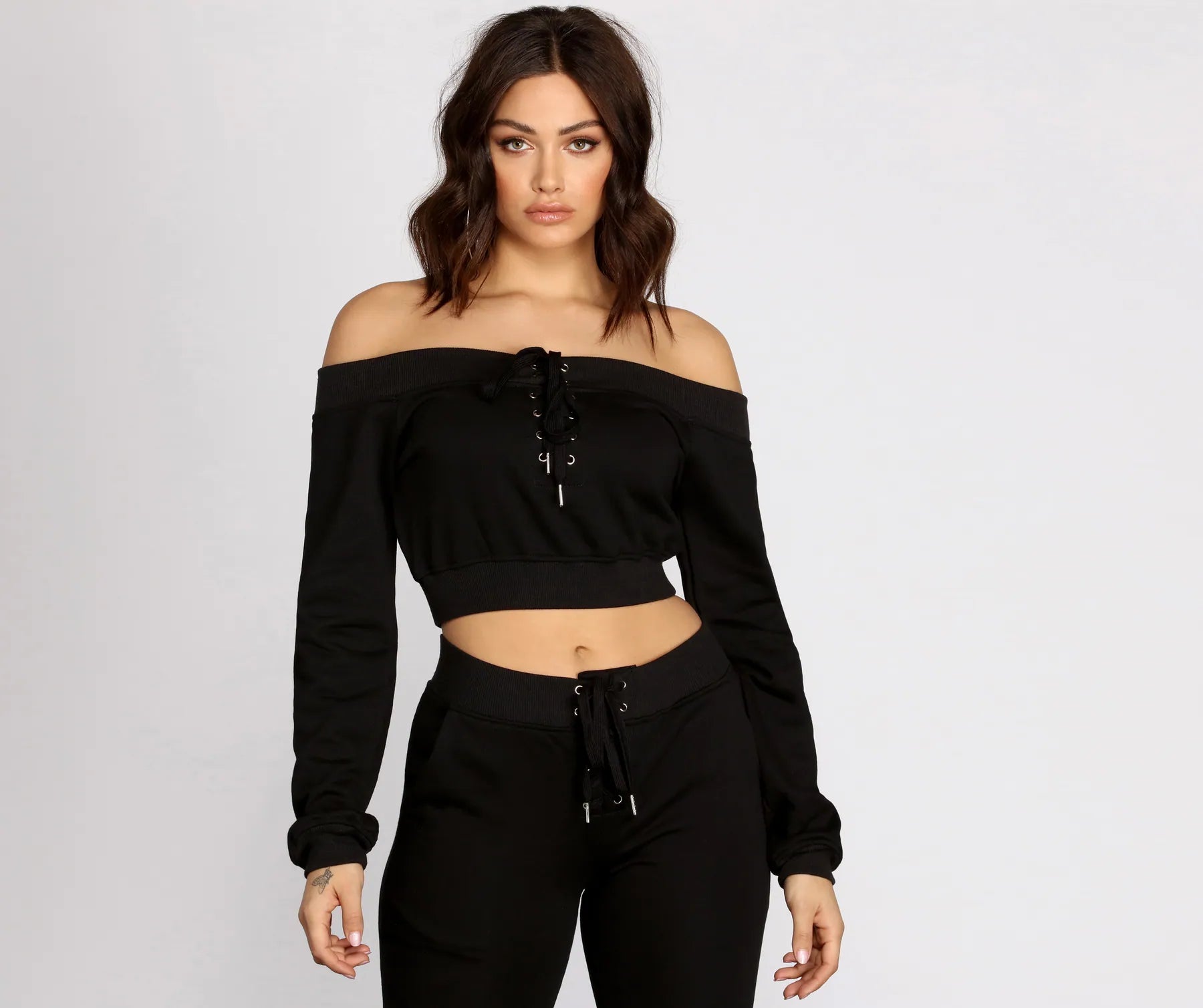 Lowest Rates Lace Up Off The Shoulder Crop Top