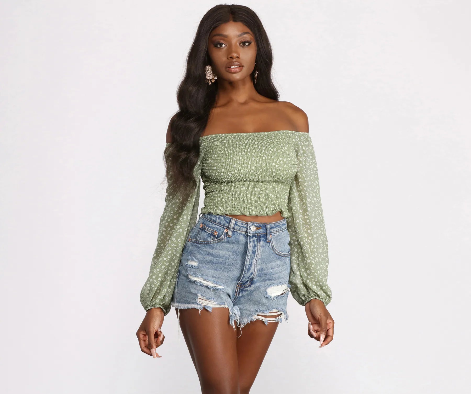 Price Drop Off The Shoulder Chiffon and Smocked Ditsy Print Top