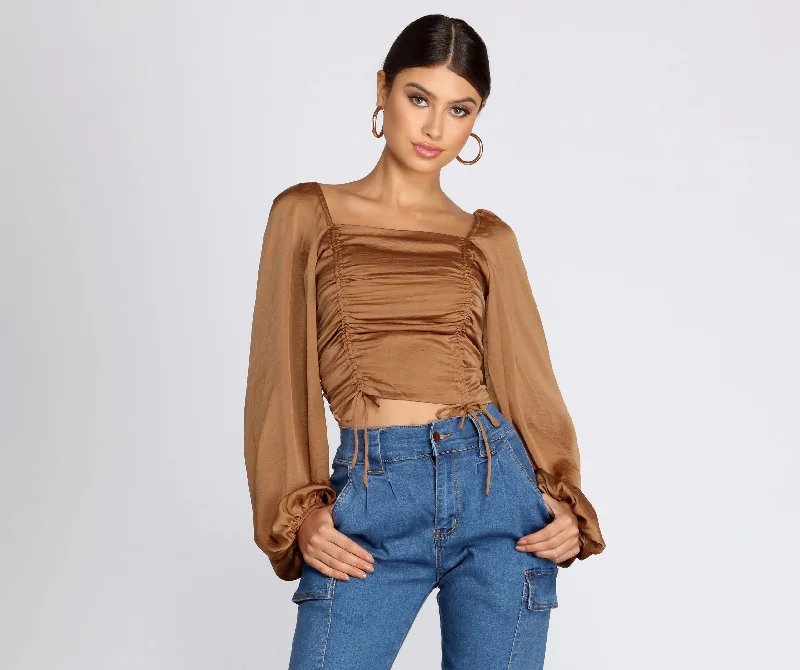 The Best Deal Satin Drawstring Smocked Blouse