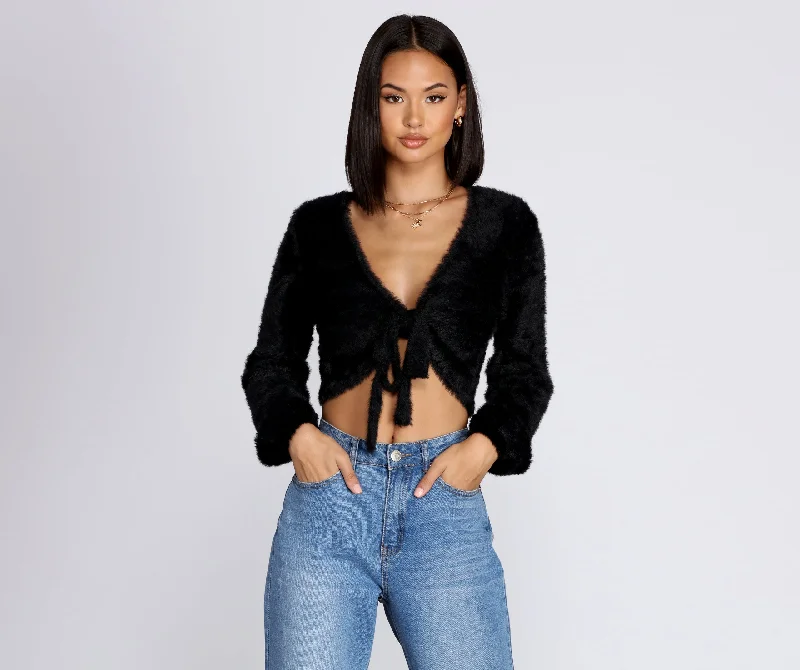 Weekend Offers That Tempt Rumors Tie-Front Fuzzy Crop Top