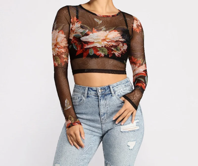 Act Fast Lookin' Fine In Floral Mesh Crop Top