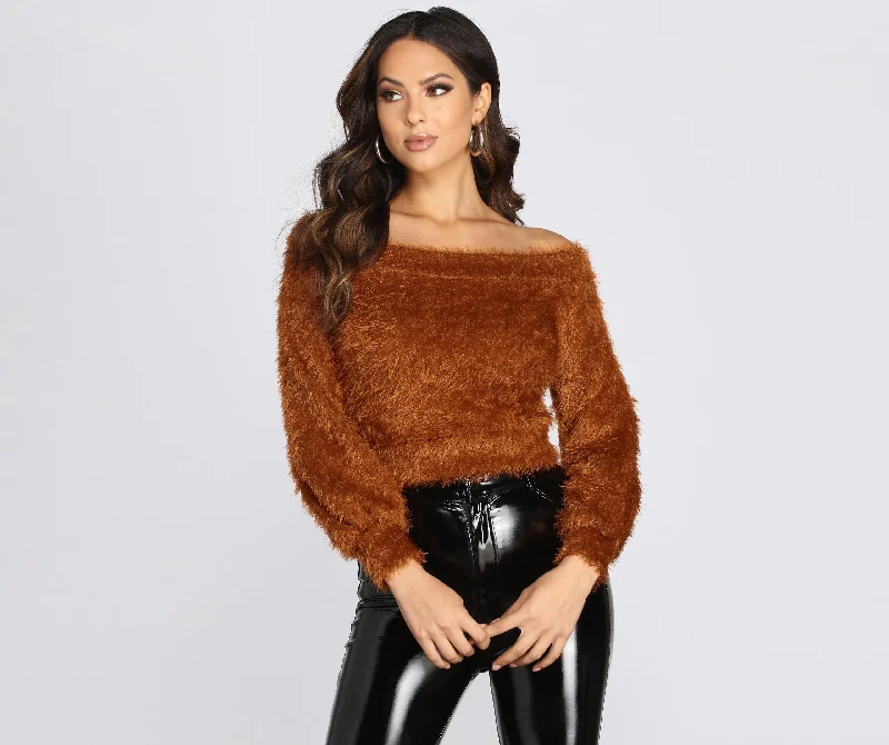 Weekend Offers You Can't Ignore Off The Shoulder Eyelash Knit Top