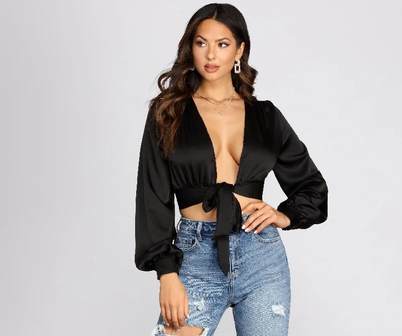 Shop Now Chic Satin Tie Front Top