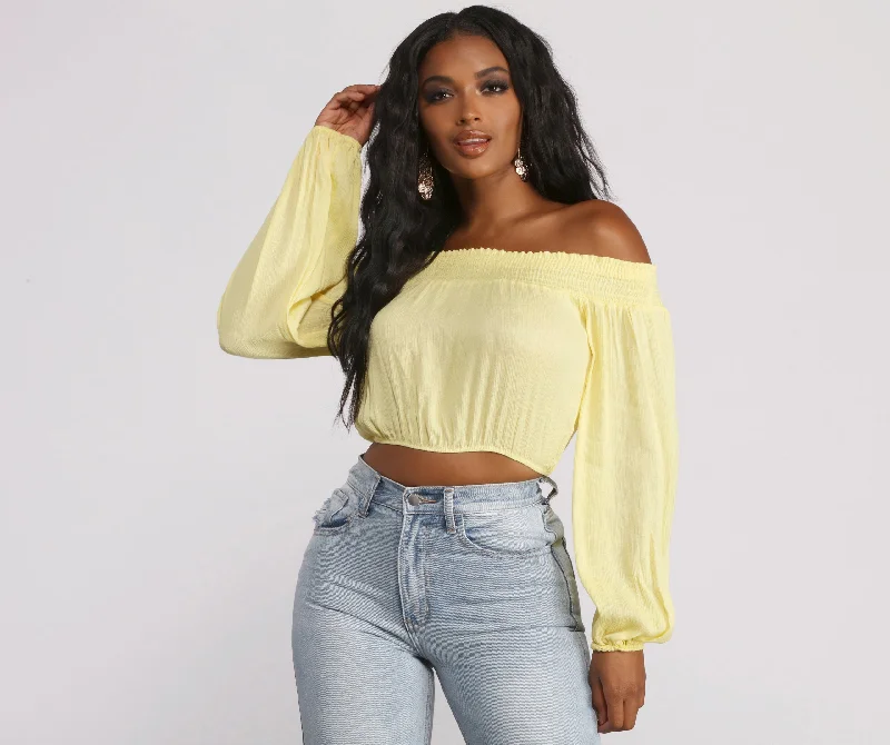 Don't Miss Out Off The Shoulder Long Sleeve Gauze Crop Top