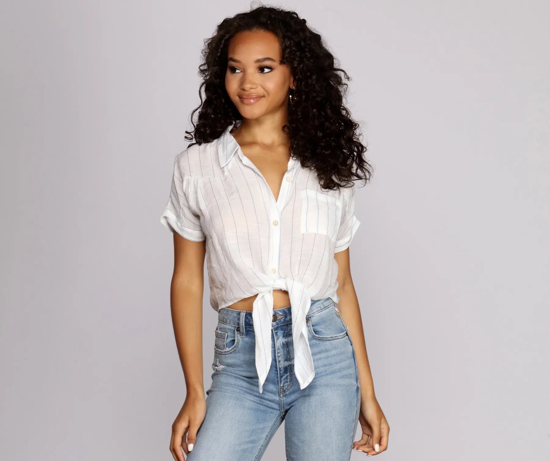 Weekend Shopping Made Better Pinstripes N' Palm Trees Top