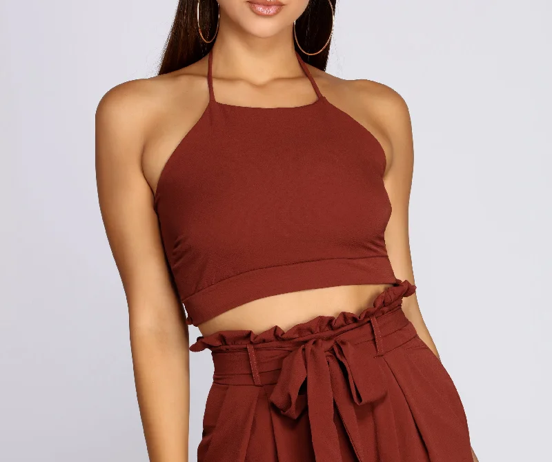 Weekend Offers That Thrill Ruffle Trim Smocked Halter Top