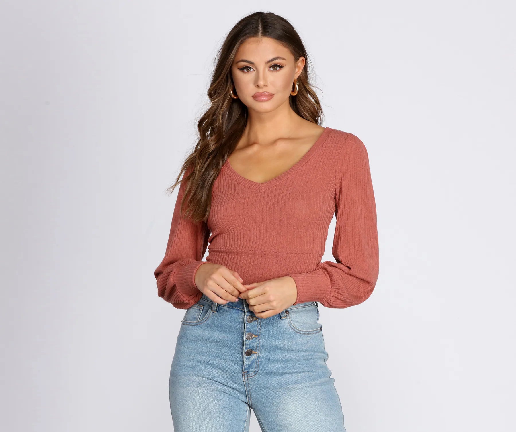 Special Offer Brushed Ribbed Knit V-Neck