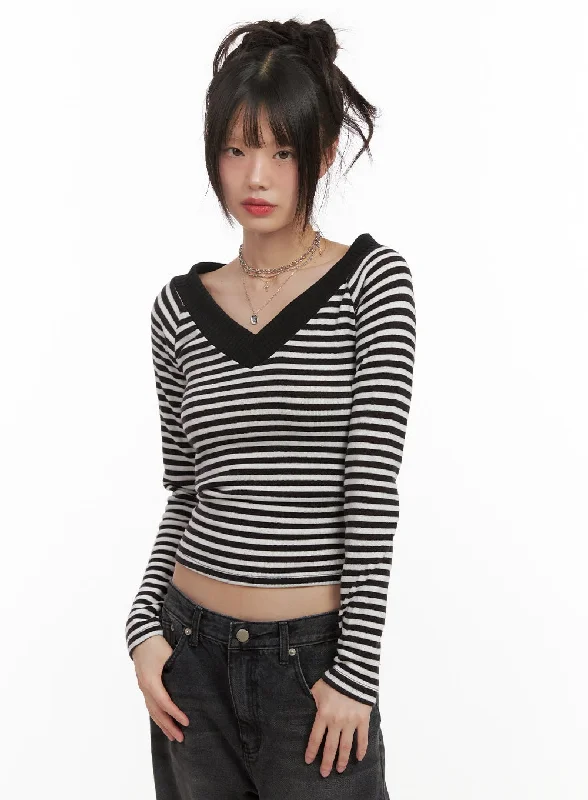 Lowest Rates Striped V-Neck Cropped Sweater CJ506