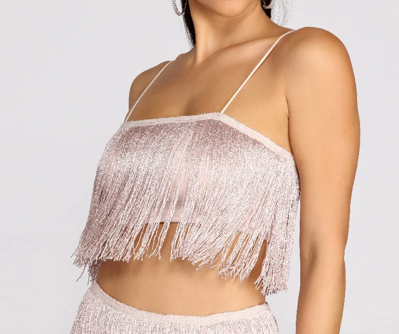 Quick Deals Don't Stop Now Metallic Fringe Crop Top