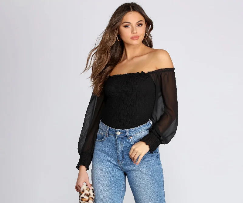 Massive Deal Chiffon Smocked Off The Shoulder Top
