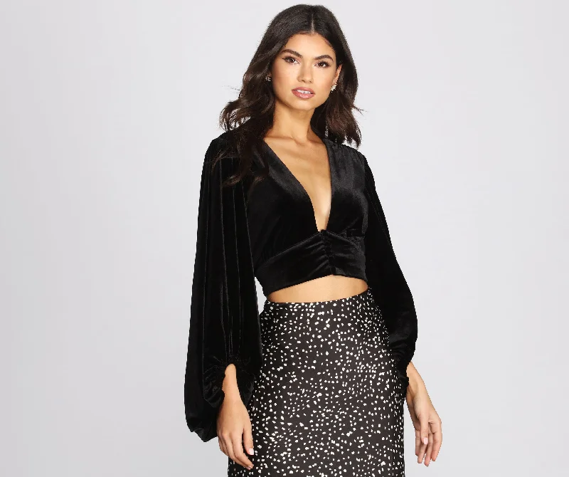 Lowest Price Balloon Sleeve Velvet Crop Top