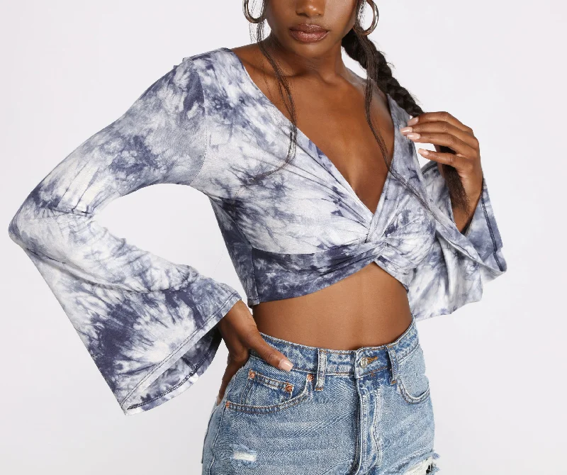 Mega Sale Tie Dye Twist Front Bell Sleeve Crop Top