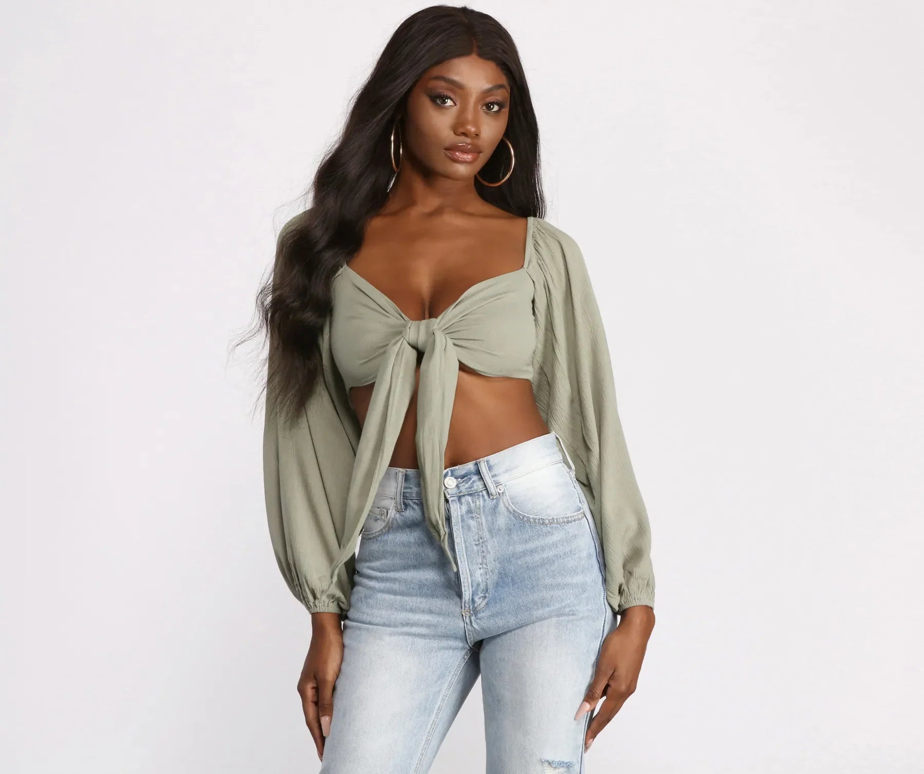Can't Resist Long Sleeve Gauze Tie Front Crop Top