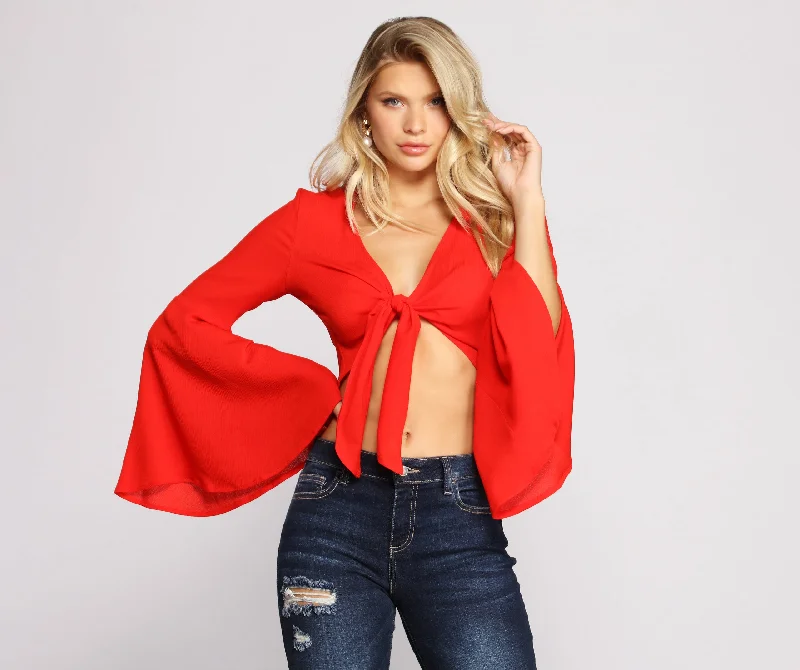 Unwind with Weekend Discounts Bell Sleeve Beauty Tie Front Top