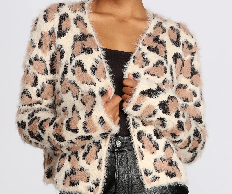 Weekend Discounts to Delight Leopard Print Eyelash Knit Cardigan