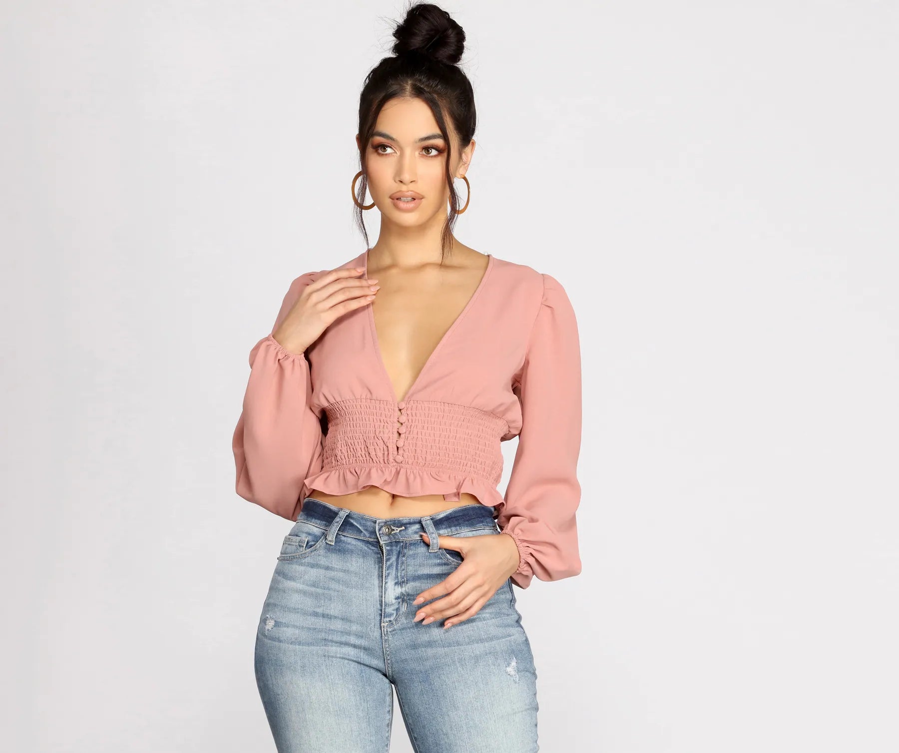 Online Deal Stylishly Smocked Button Down Blouse