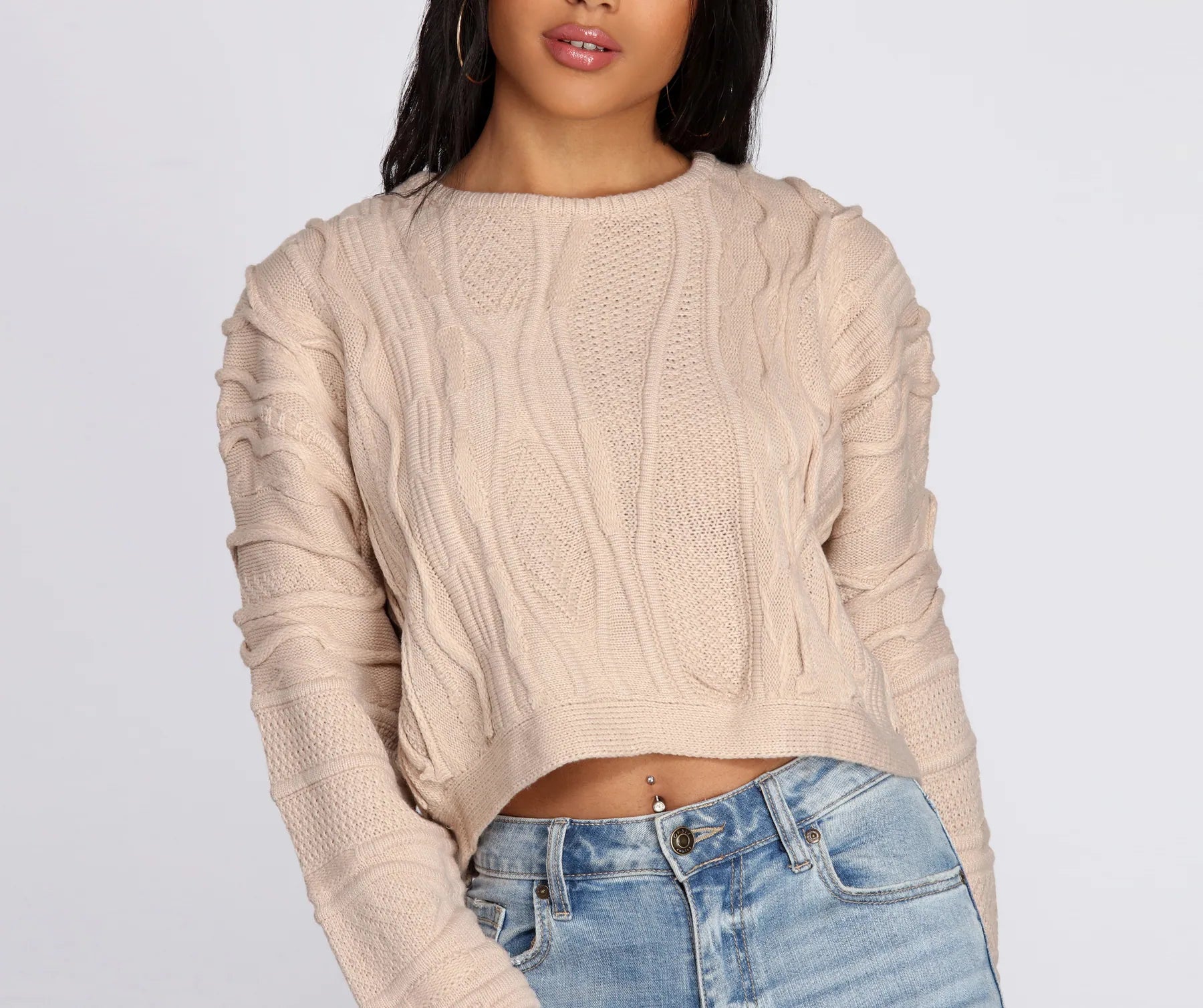 Savings Soar This Weekend Textured Cable Knit Cropped Sweater
