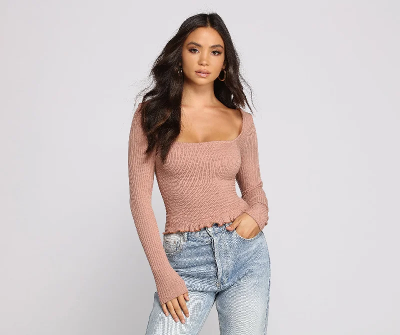 Weekend Price Cuts Galore Ribbed And Smocked Square Neck Crop Top