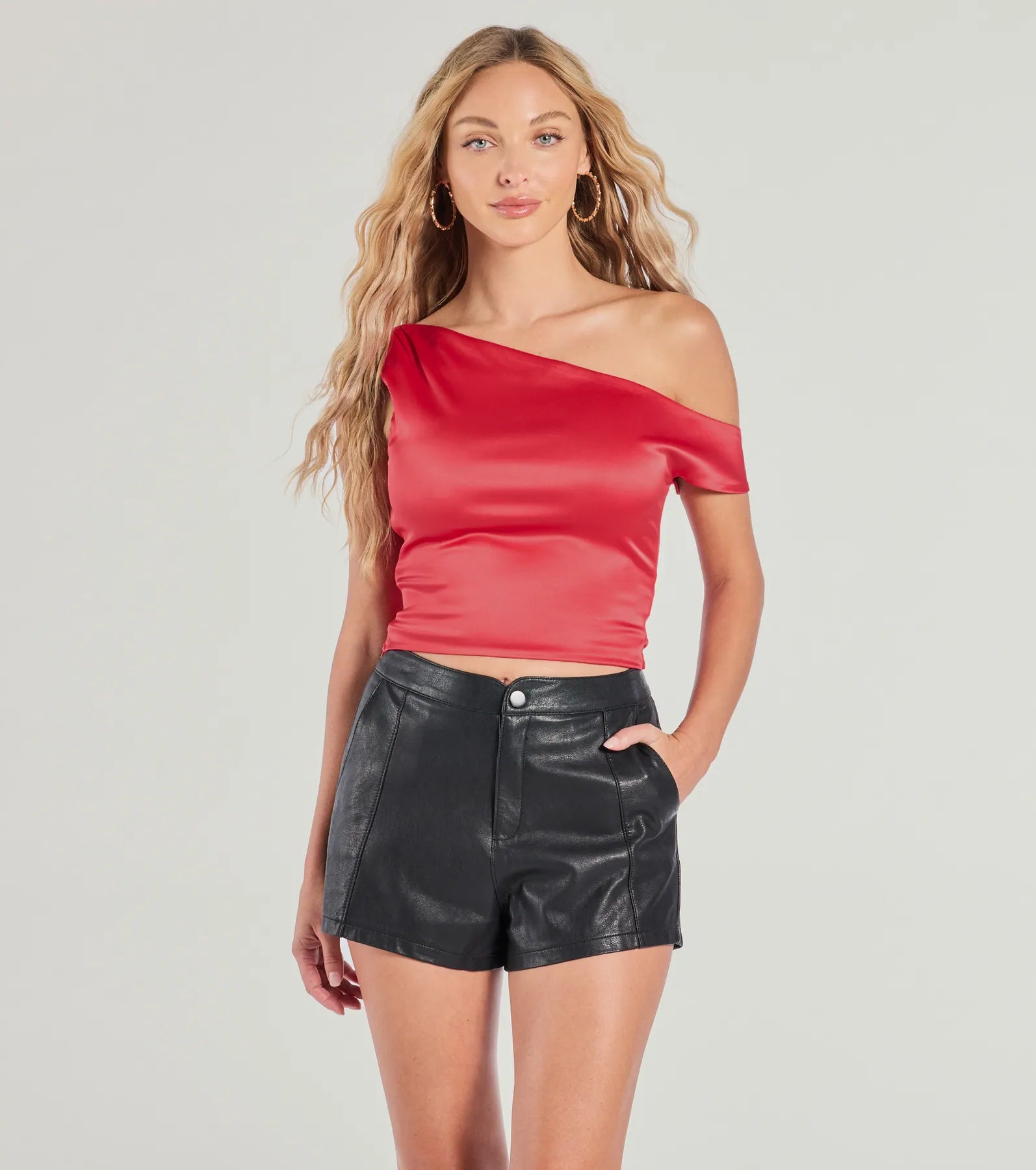 Weekend Offers That Tempt Sleek Vibes Satin Off-The-Shoulder Top