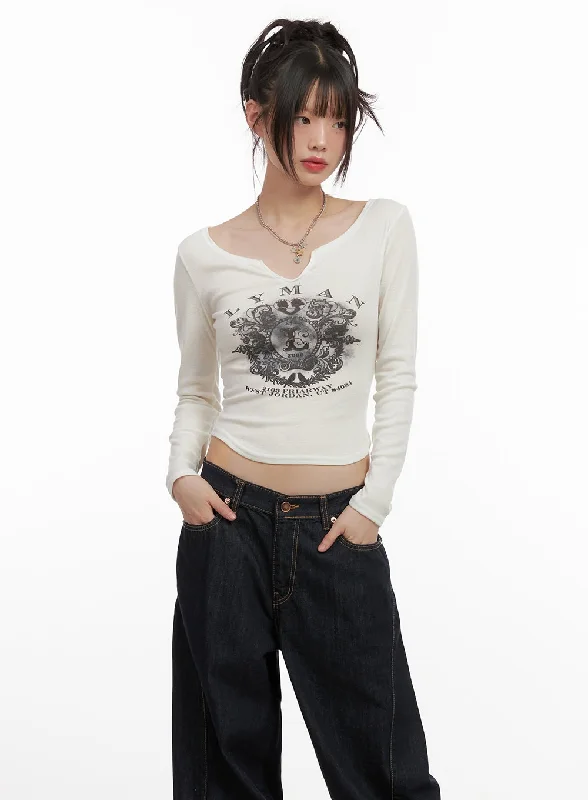 Limited Offer Graphic Slim-Fit Long-Sleeve Crop Top CJ502