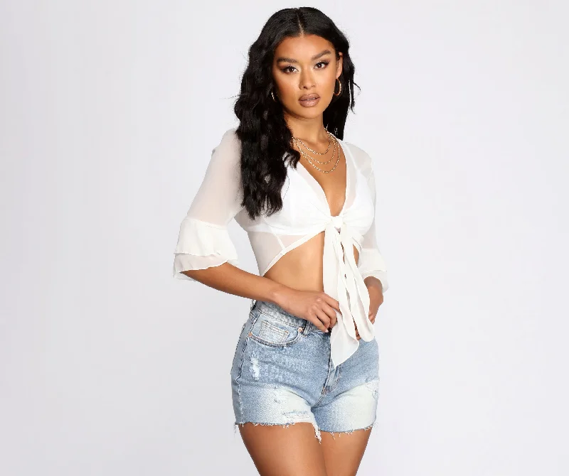 Year-End Clearance Flowy Flutter Sleeve Tie Front Top