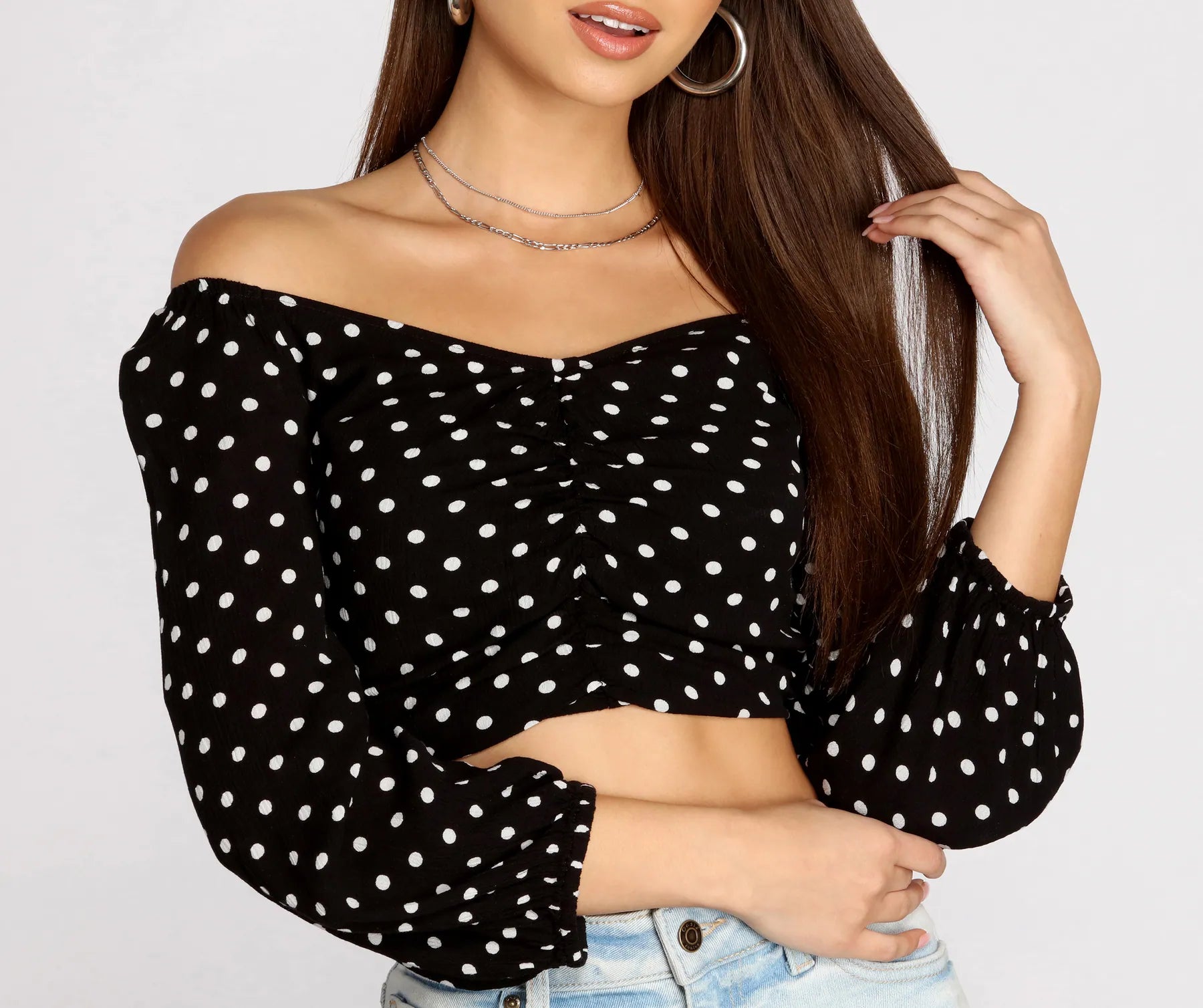 Weekend Offers You Can't Ignore Polka Dot Doll Ruched Crop Top