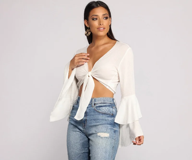 One-Day Only Woven Tie Front Bell Sleeve Crop Top