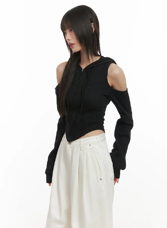 Discount Mania Shoulder Cut-Out Cropped Hoodie CD430