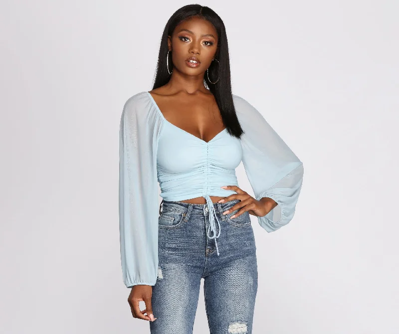 Weekend Deals That Dazzle Float On Balloon Sleeve Mesh Crop Top