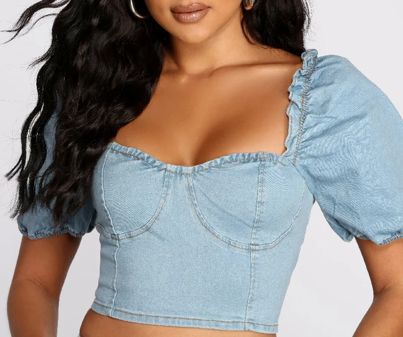 Weekend Specials to Grab Denim Puff Sleeve Crop Top