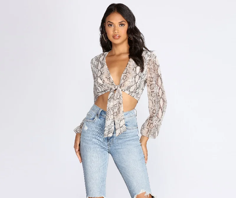 Your Weekend, Your Savings Snake Print Long Sleeve Crop Top