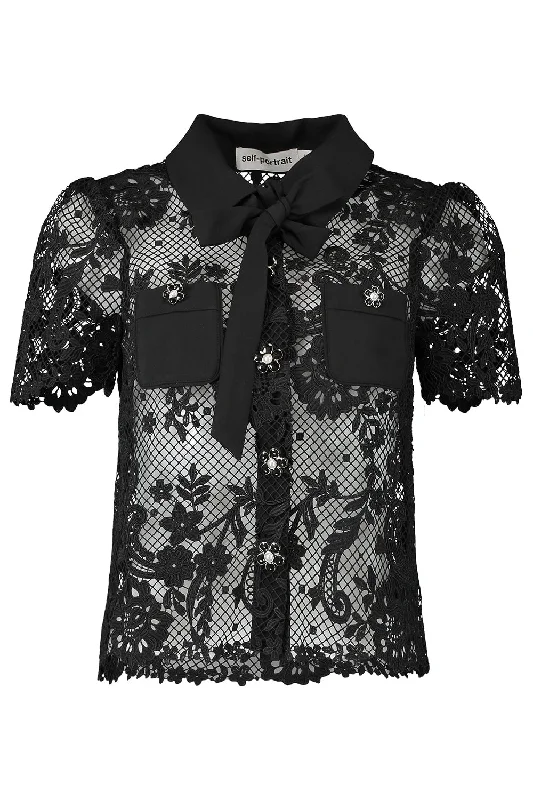 Special Discount Lace Bow Collared Top