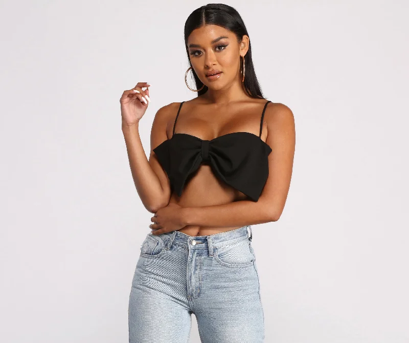 Weekend Discounts to Celebrate Crepe Knit Spaghetti Strap Bow Crop Top