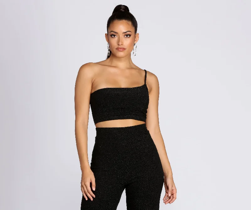 Special Discount Shimmer One Shoulder Crop Top