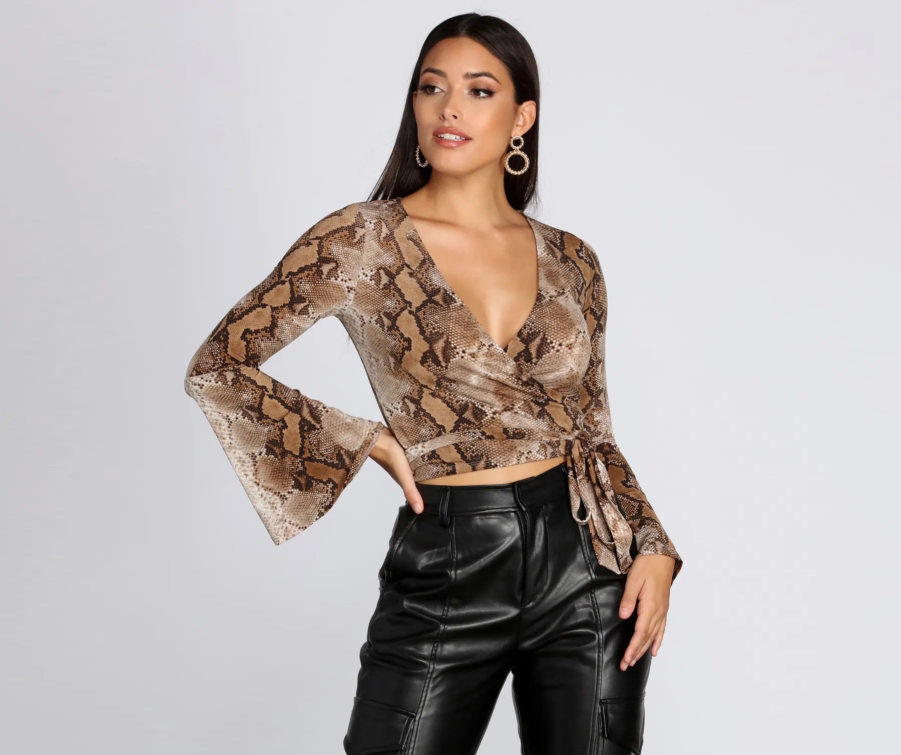 Can't Beat Snake Print Bell Sleeve Top
