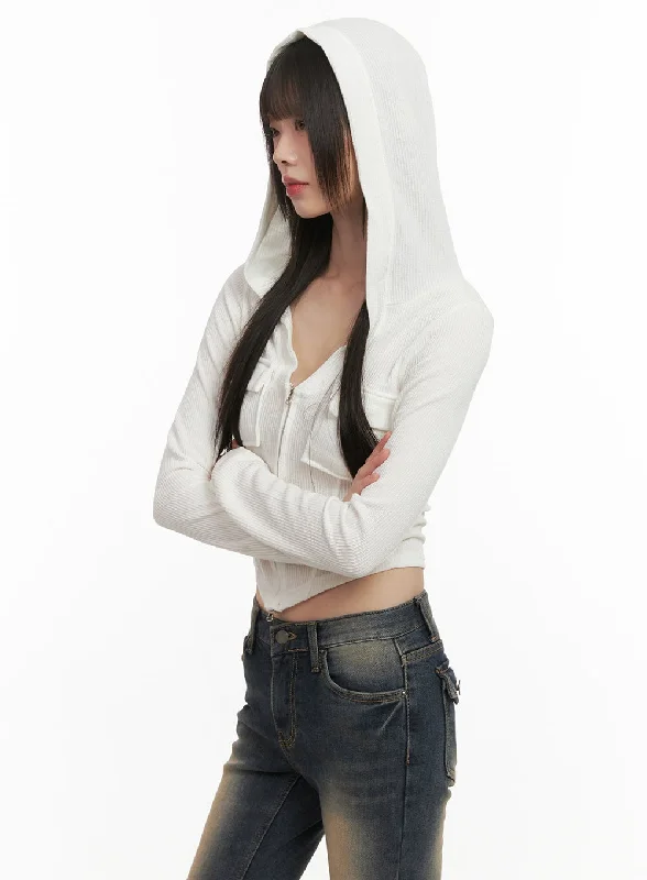 Daily Special Cropped V-Neck Zip-Up Hoodie CD426