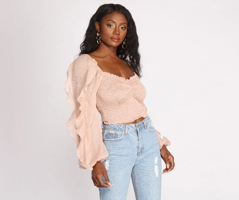 Weekend Offers That Delight Ruffle Tease Smocked Crop Top