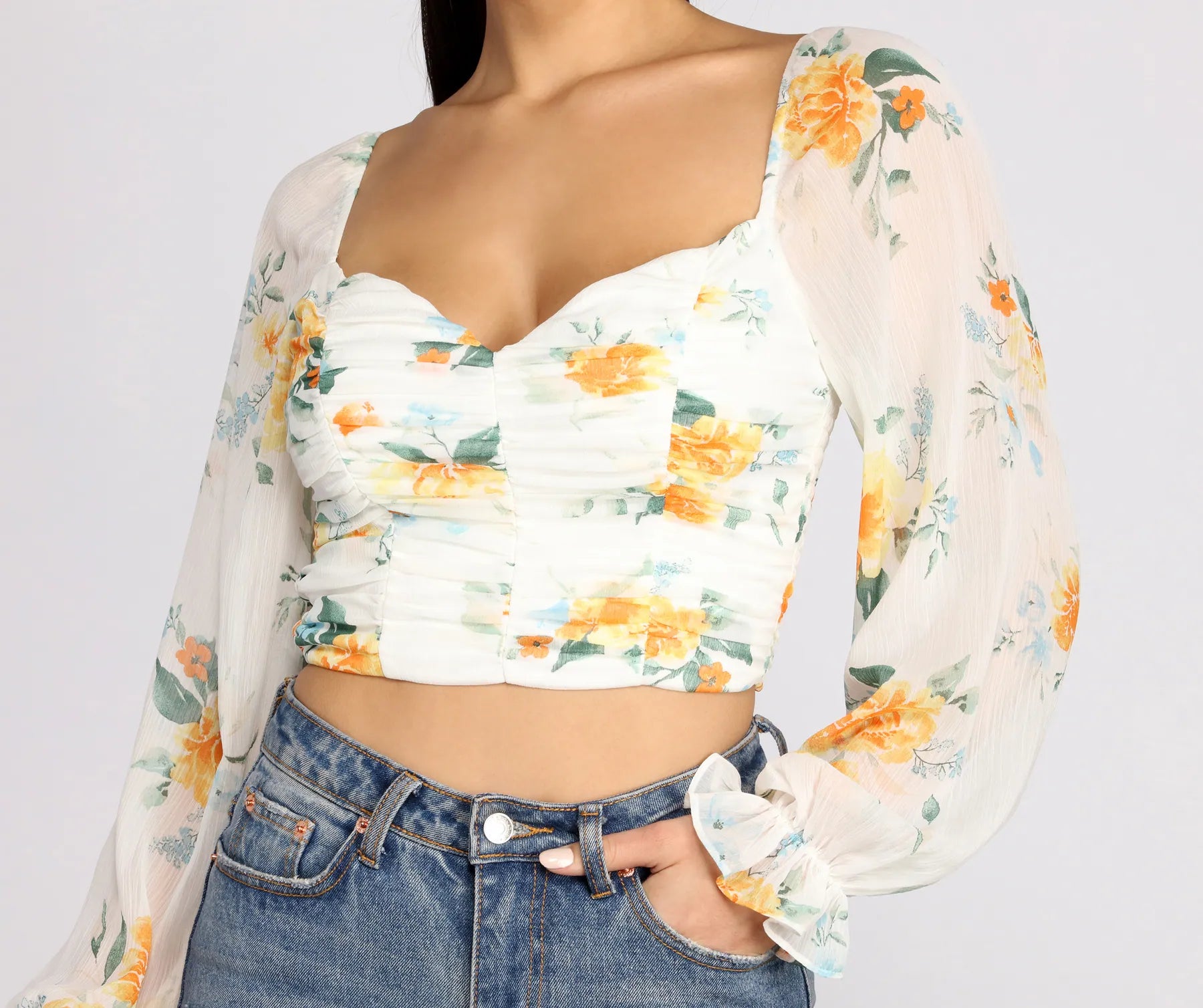 Year-End Sale Floral Sweetheart Ruched Crop Top