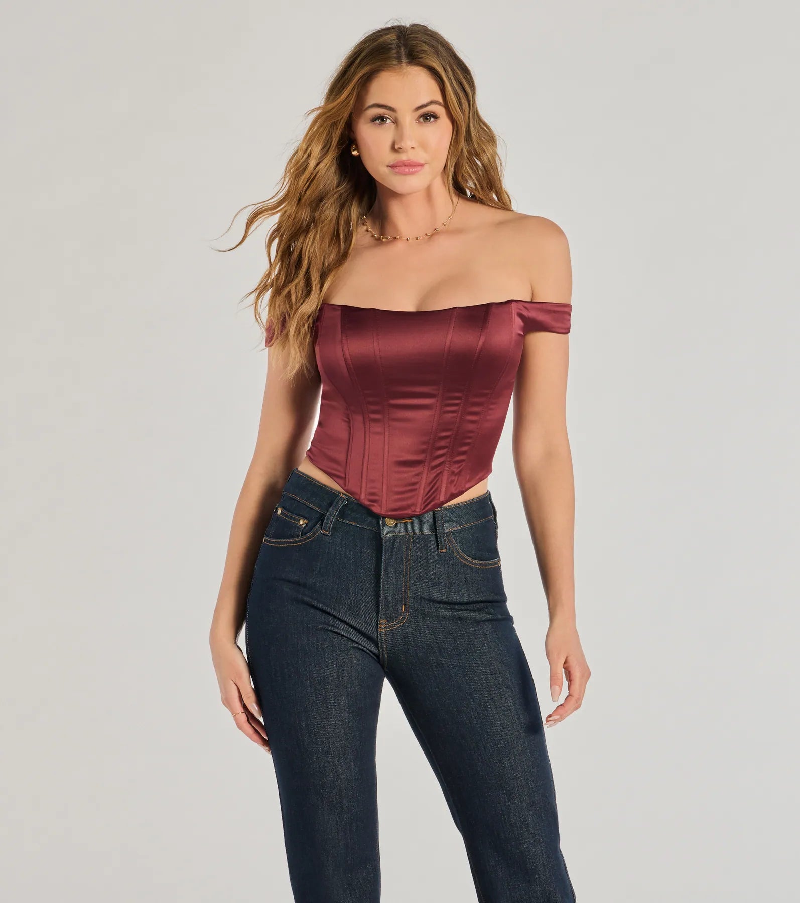 Weekend Price Cuts Galore Chic Sleek Satin Off-The-Shoulder Corset Top