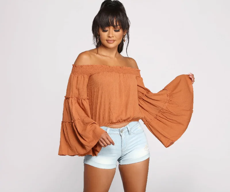 Weekend Offers That Shine Flowy Feels Off The Shoulder Crop Top