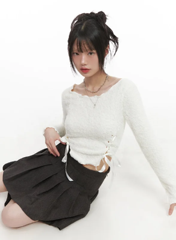 Flash Sale Ribbon Boat-Neck Long-Sleeve Crop Top CJ501