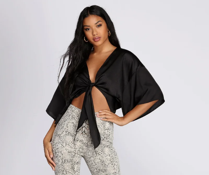 Flash Deal Satin Tie Front Kimono